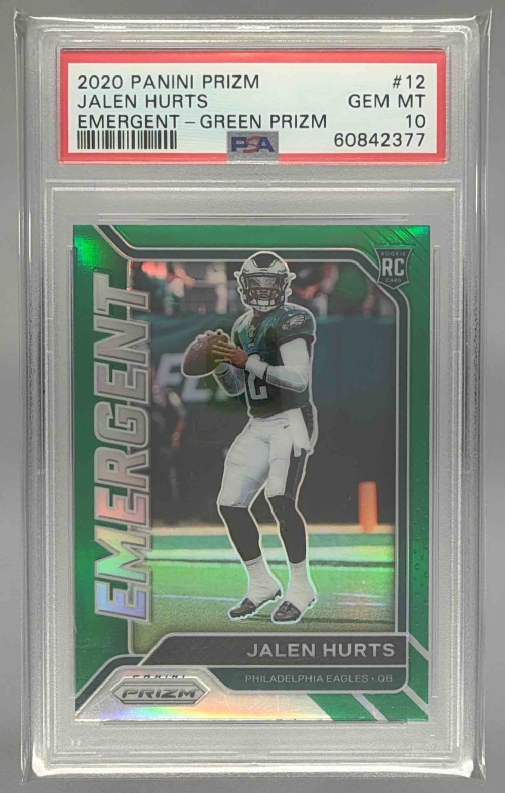 Card image for 2020 Panini Prizm Jalen Hurts Emergent Prizms Green #12 RC Eagles PSA 10