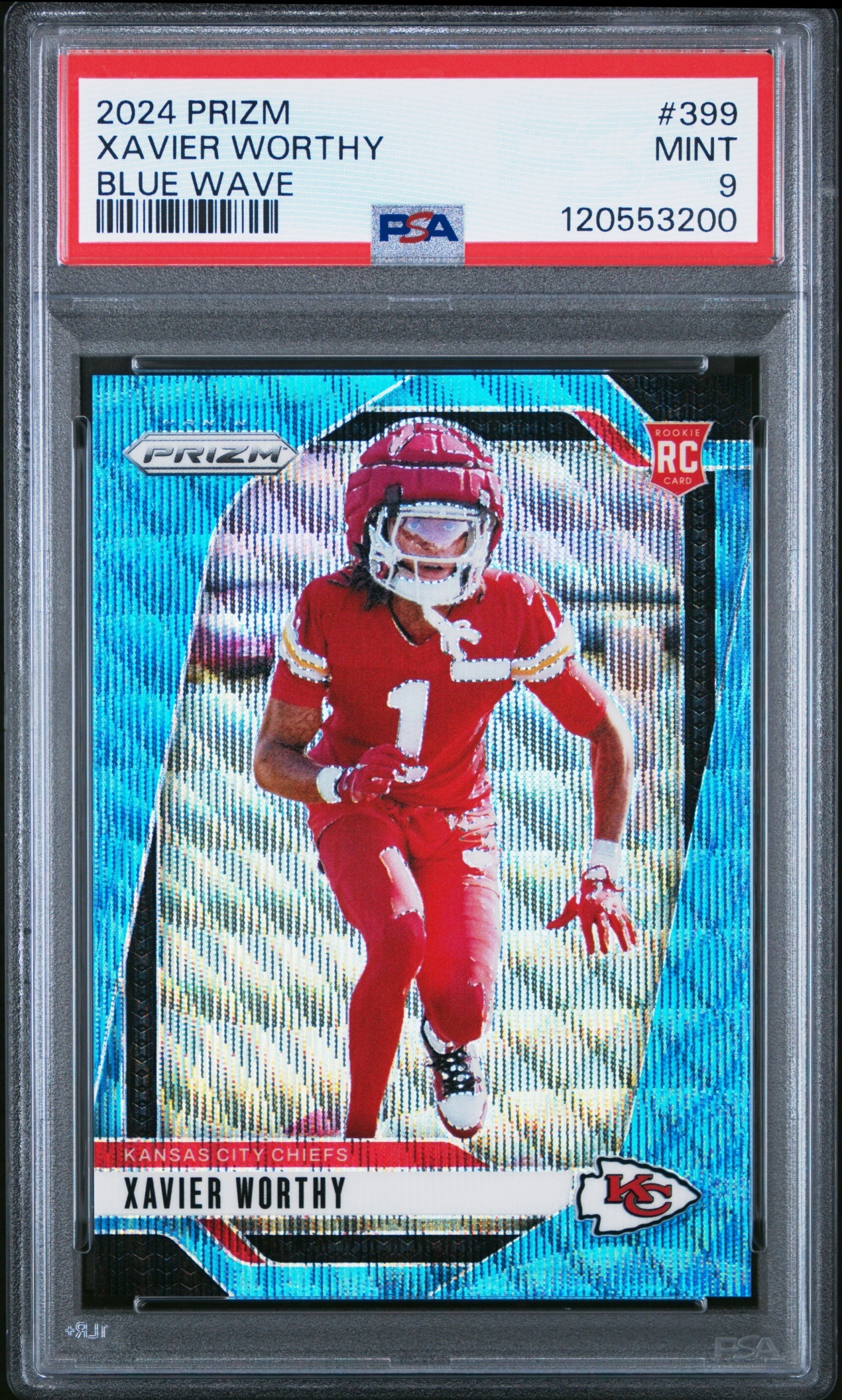 Card image for 2024 Panini Prizm Xavier Worthy Blue Wave /230 #399 RC Chiefs