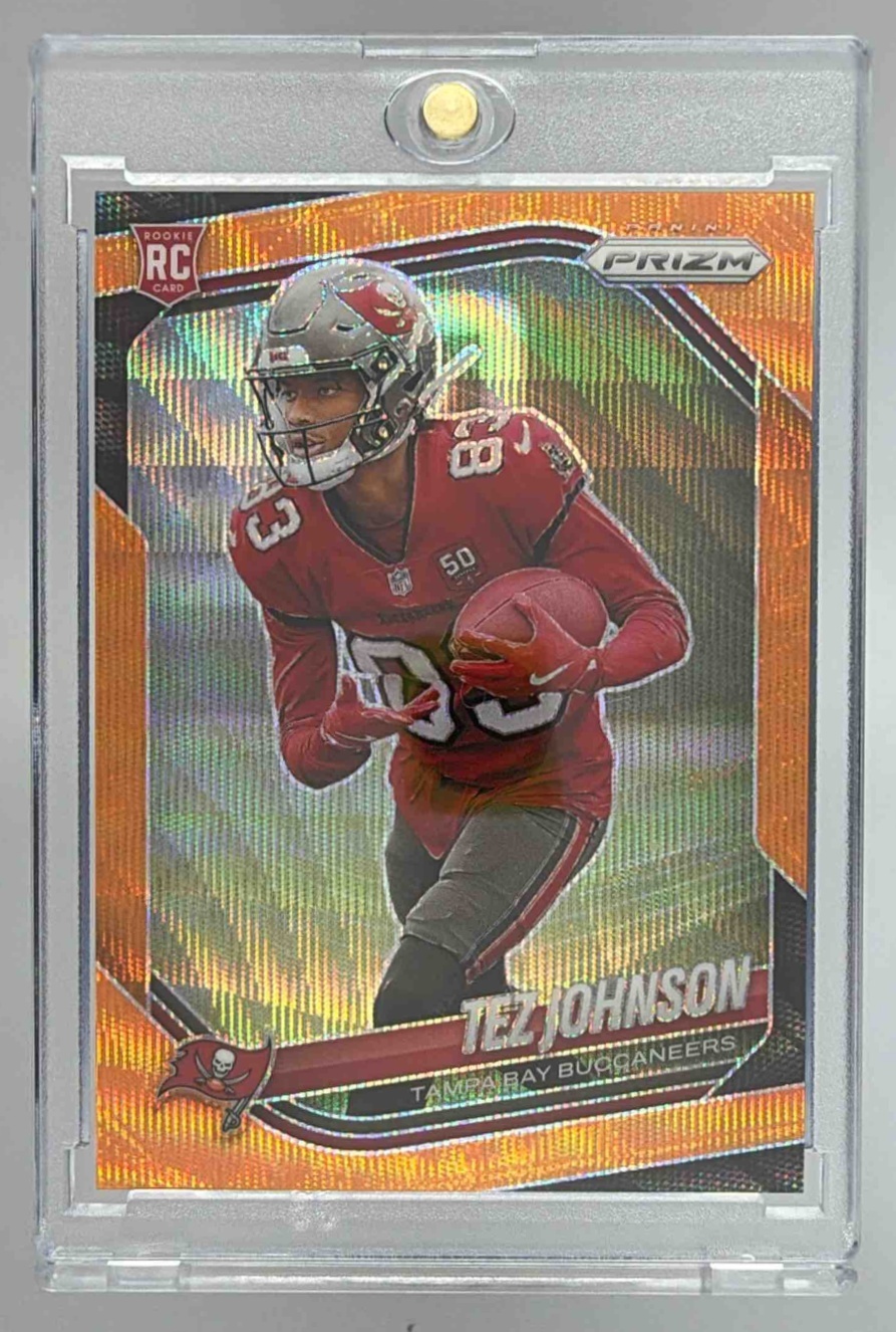 Card image for 2025 Panini Prizm Tez Johnson Orange Wave /65 #381 RC Buccaneers