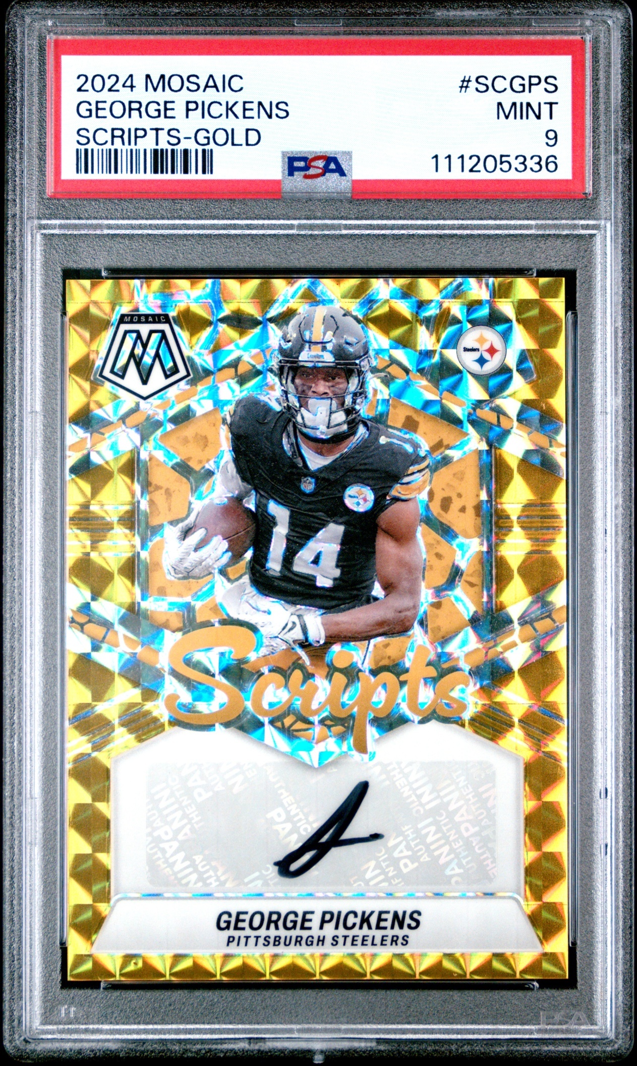 Card image for 2024 Panini Mosaic George Pickens Scripts Gold /10 #SC-GPS Auto Steelers