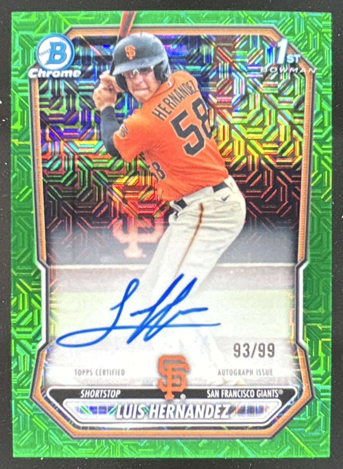 Card image for Luis Hernandez 2026 Bowman Chrome Mega Box Prospects Auto Green Mojo Refractor /99