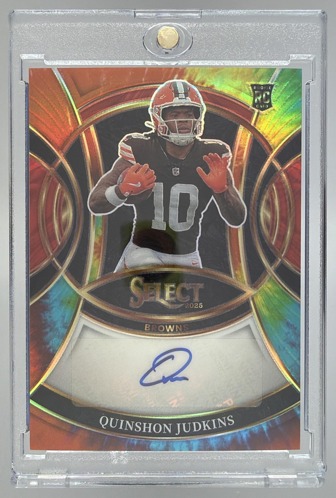 Card image for 2025 Panini Select Quinshon Judkins Rookie Signatures Tie-Dye Prizm /25 #RSI-QJS Auto Browns