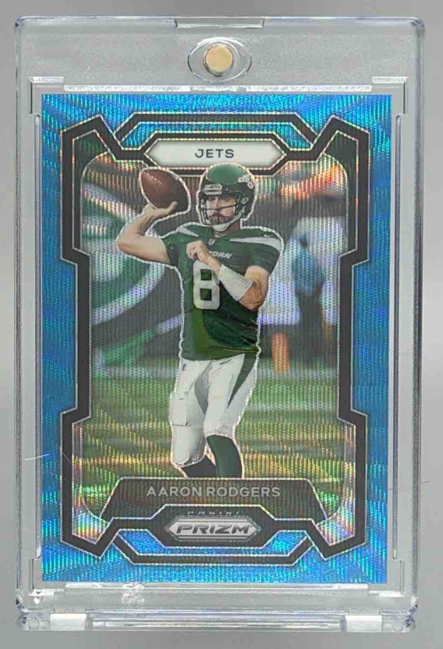 Card image for 2023 Panini Football Prizm Aaron Rodgers Blue Wave /199 #227 New York Jets