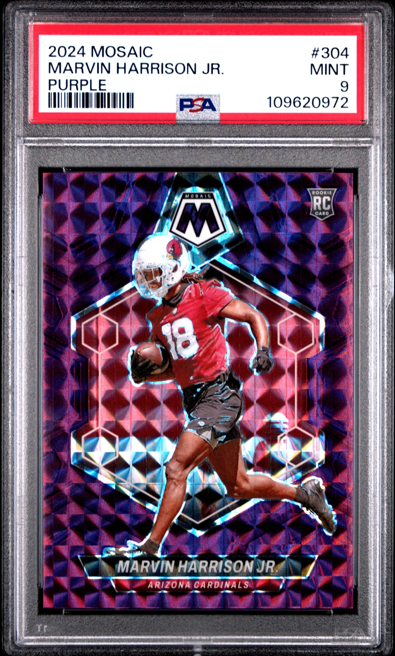 Card image for 2024 Panini Mosaic Marvin Harrison Jr. Purple Prizm /49 #304 RC Cardinals