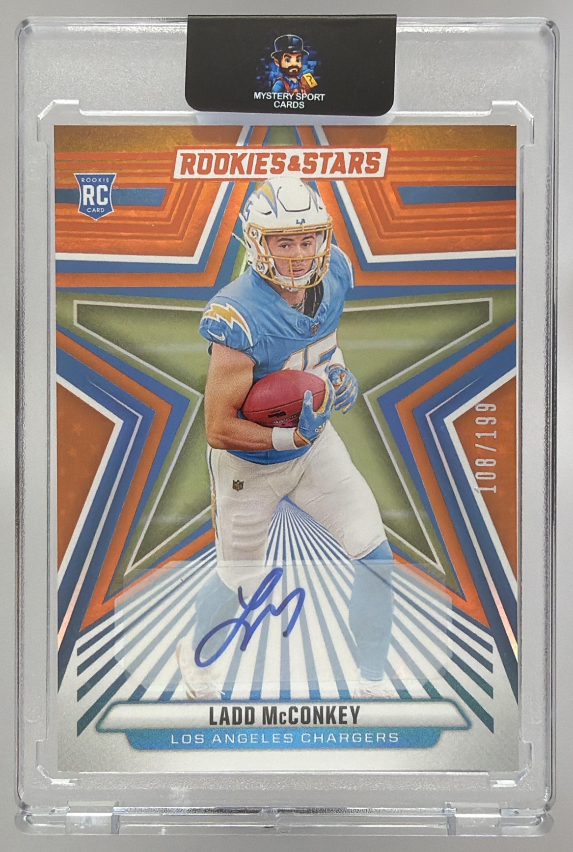 Card image for 2024 Panini Rookies & Stars Ladd McConkey Rookie Signatures Orange /199 #166 RC Auto Chargers