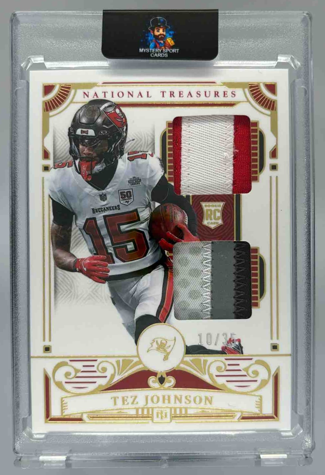 Card image for 2025 Panini National Treasures Tez Johnson Rookie Dual Materials Gold /35 #40 MEM RC Buccaneers