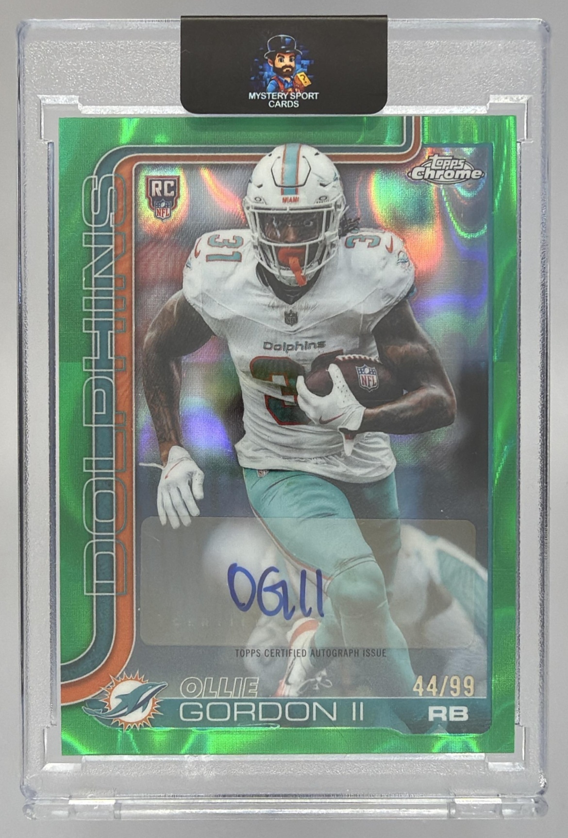 Card image for 2025 Topps Chrome Ollie Gordon II Rookie Auto Green Lava Refractor /99 #RA-OG RC Dolphins