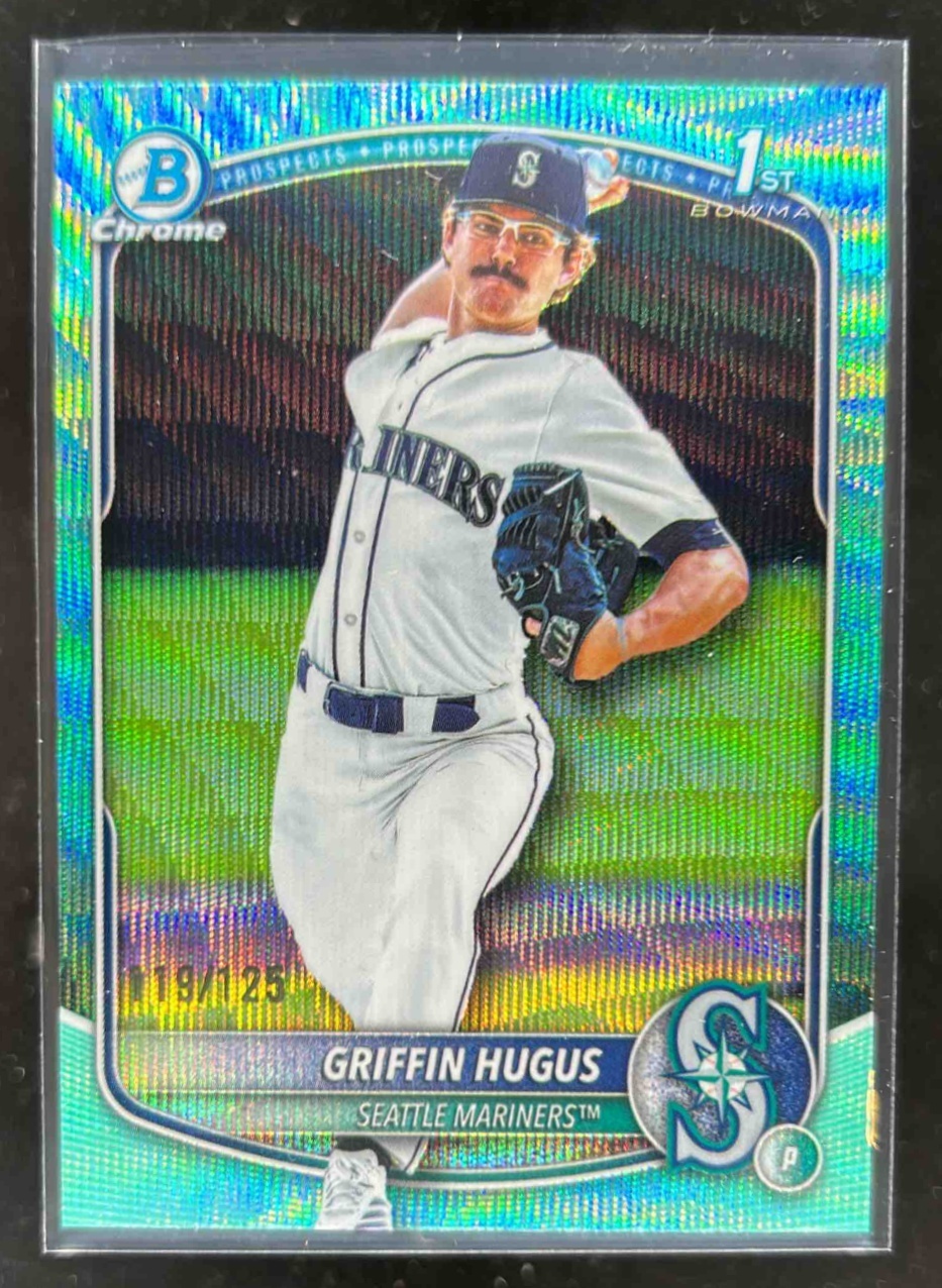 Card image for Griffin Hugus 2025 Bowman Draft Chrome Aqua Wave Refractor /125