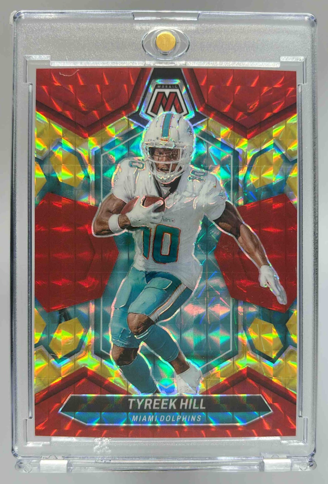 Card image for 2024 Panini Mosaic Tyreek Hill Choice Fusion Red and Yellow Prizm /80 #137 Dolphins