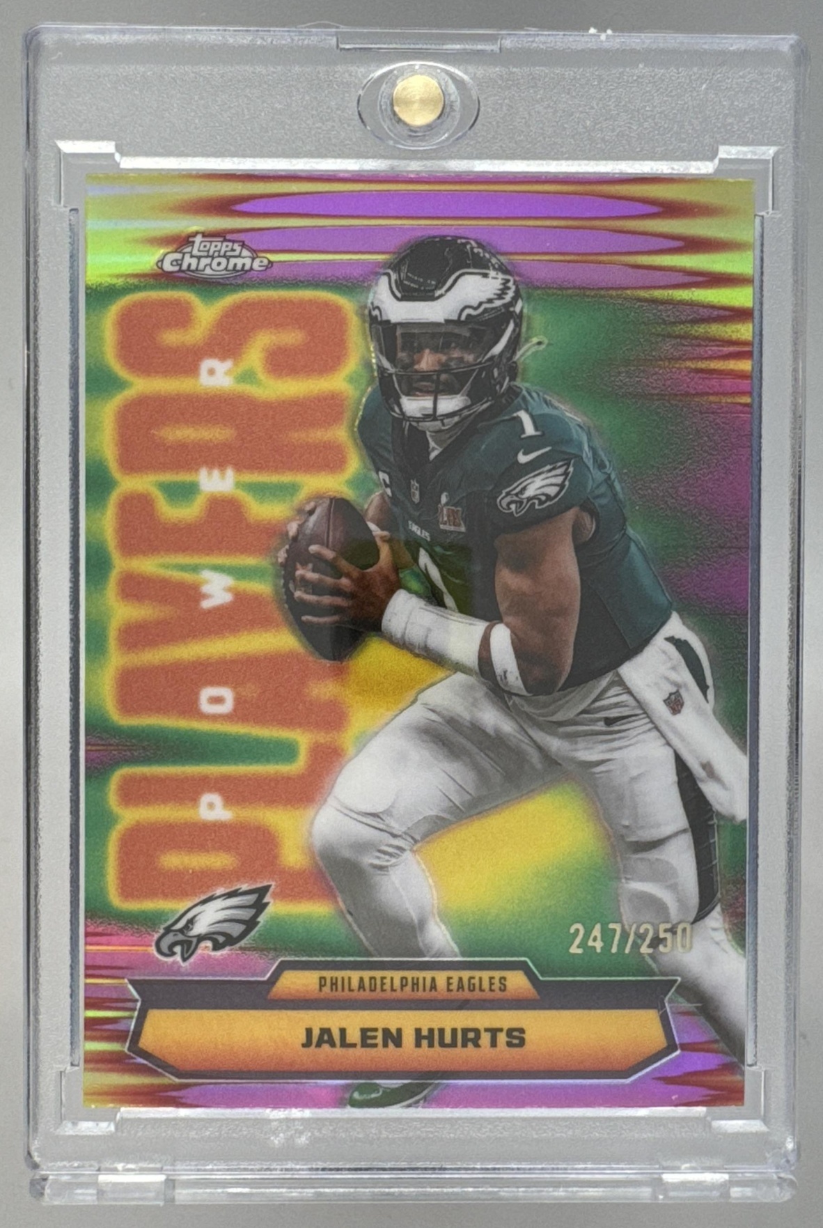 Card image for 2025 Topps Chrome Jalen Hurts Power Players Pink Refractor /250 #PP-4 Eagles