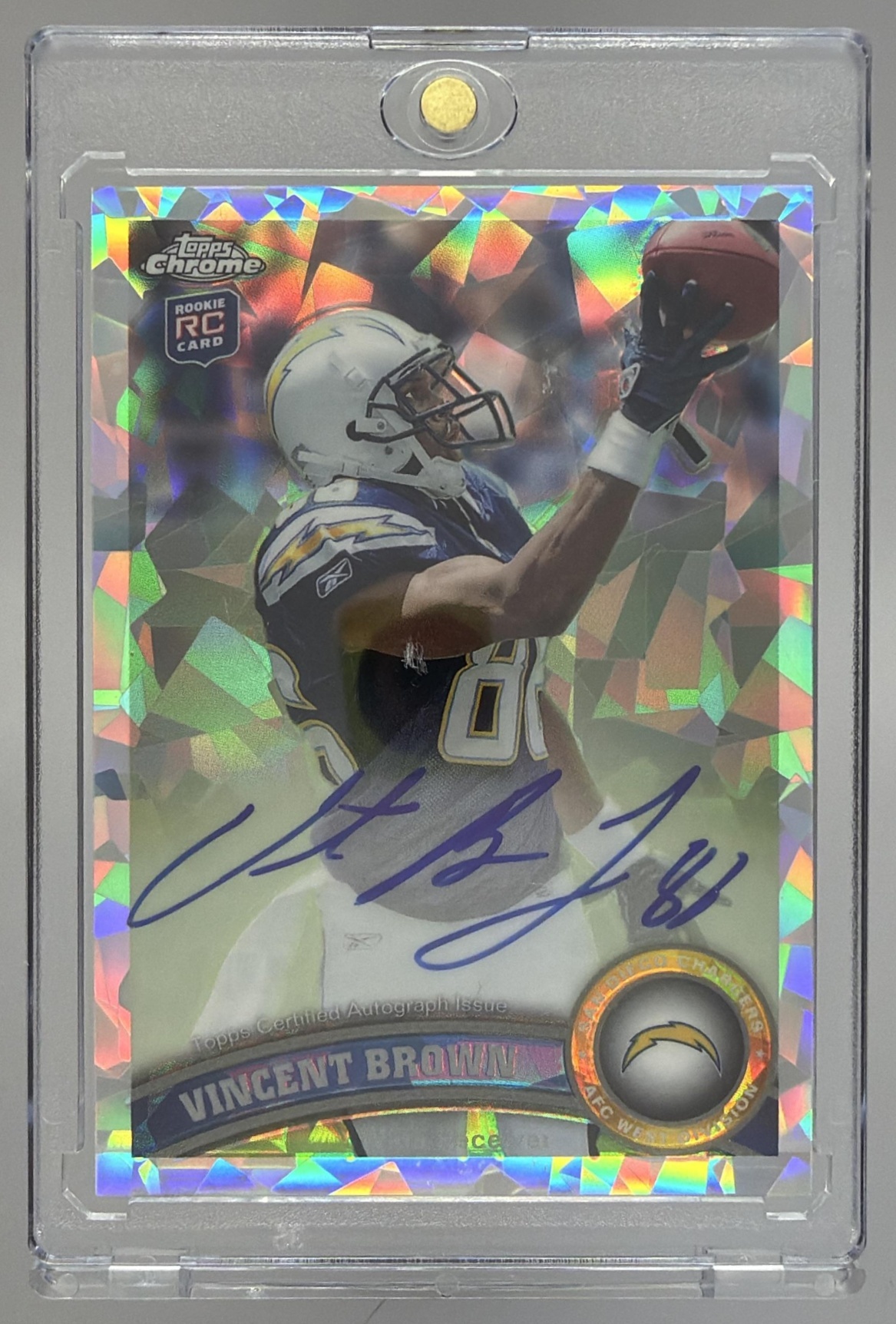 Card image for 2011 Topps Chrome Vincent Brown Rookie Auto Crystal Atomic Refractor /50 #42 RC Chargers