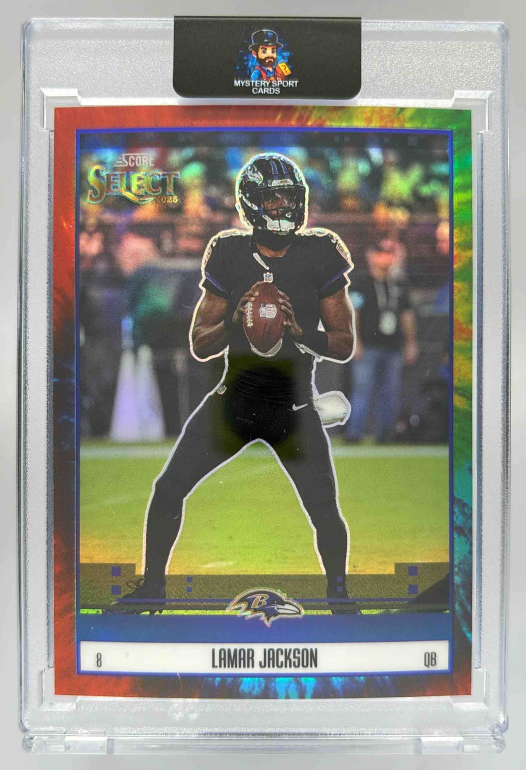 Card image for 2025 Panini Select Lamar Jackson Score Throwback Tie-Dye Prizm /25 #18 Ravens