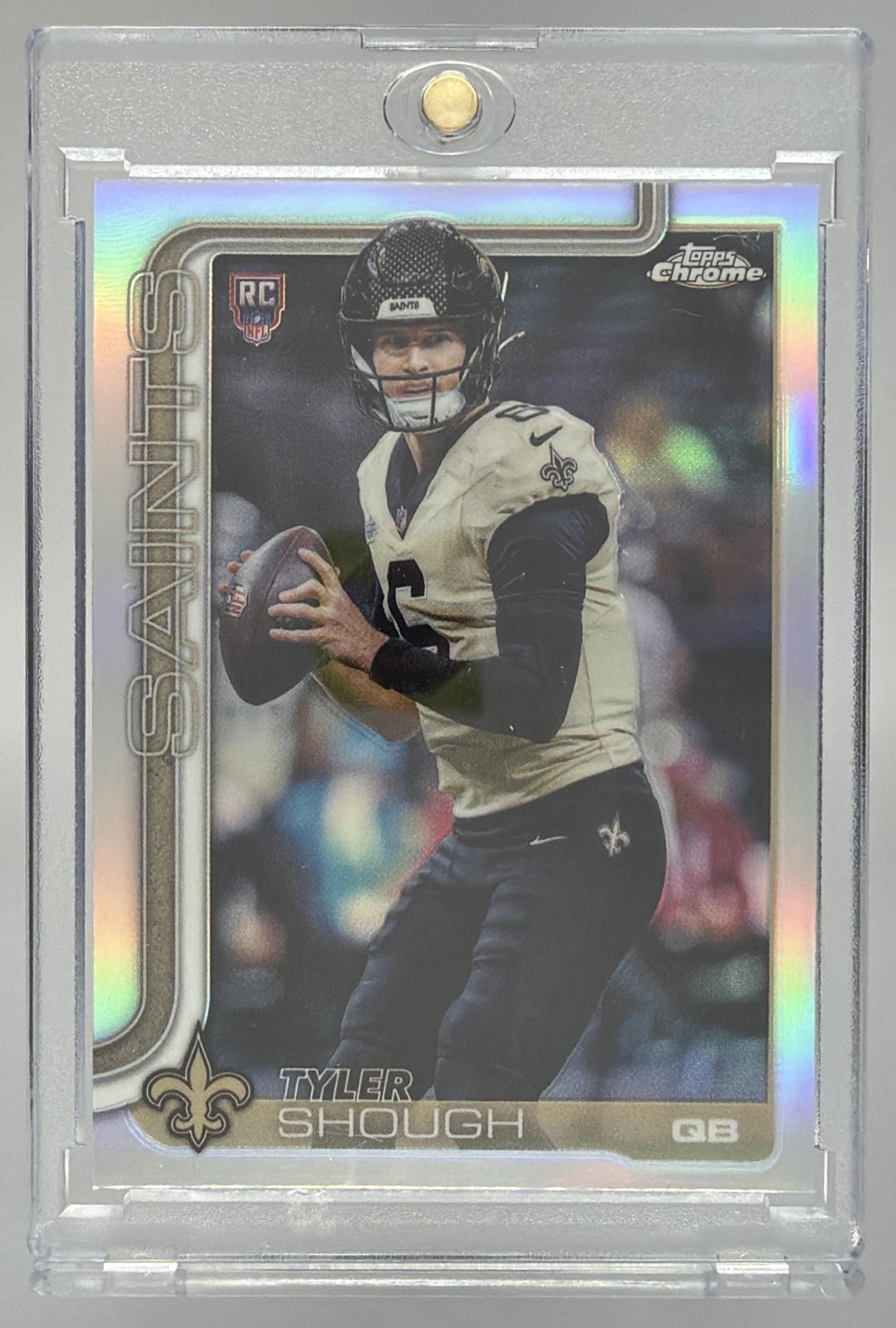 Card image for 2025 Topps Chrome Tyler Shough Rookie Refractor #398 RC Saints