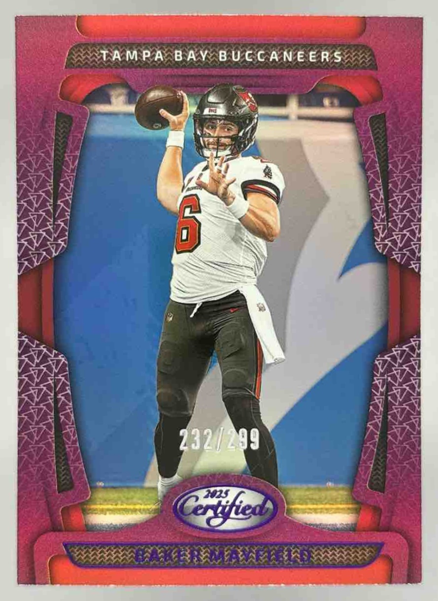 Card image for 2025 Panini Certified Baker Mayfield Mirror Purple /299 #93 Buccaneers