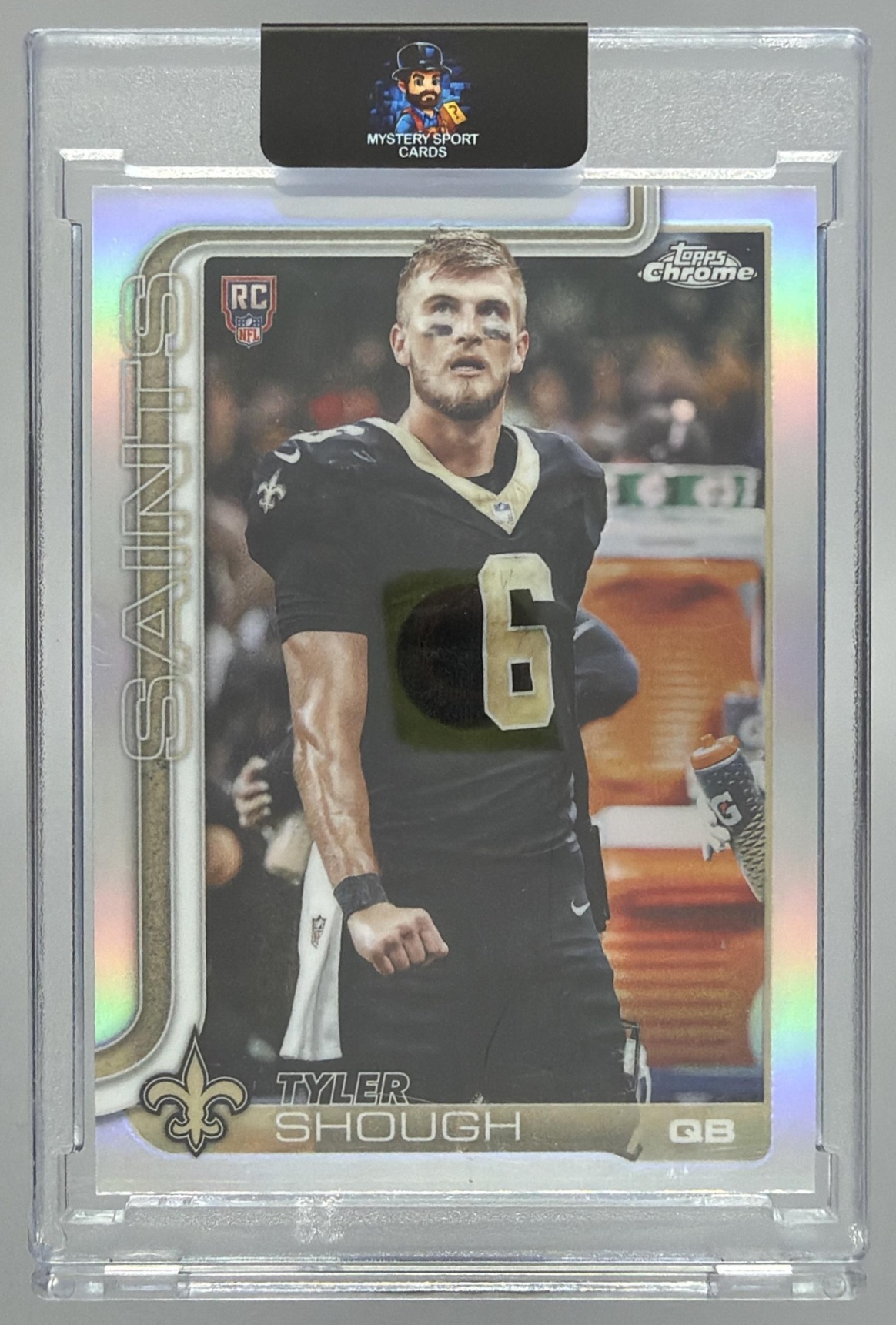 Card image for 2025 Topps Chrome Sapphire Tyler Shough Rookie Image Variation #398 SP RC VAR Saints
