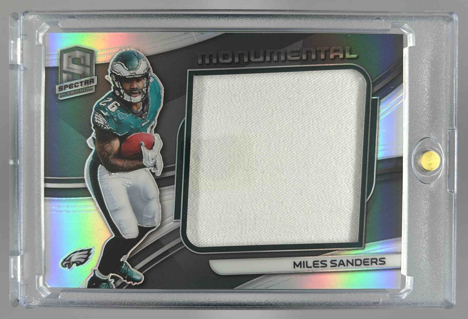 Card image for 2019 Panini Spectra Miles Sanders Monumental Memorabilia /199 #MM-25 RC Eagles