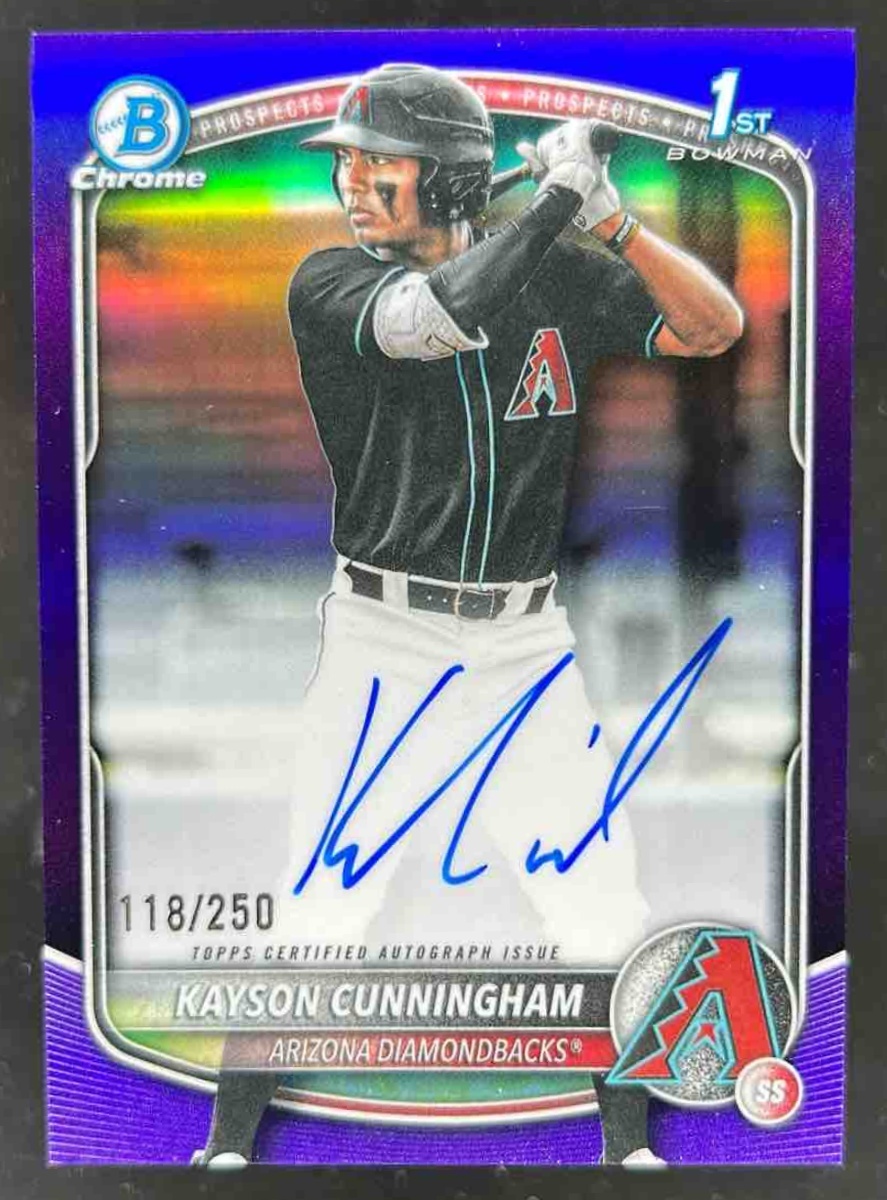Card image for Kayson Cunningham 2025 Bowman Draft Chrome Prospect Auto Purple Refractor /250