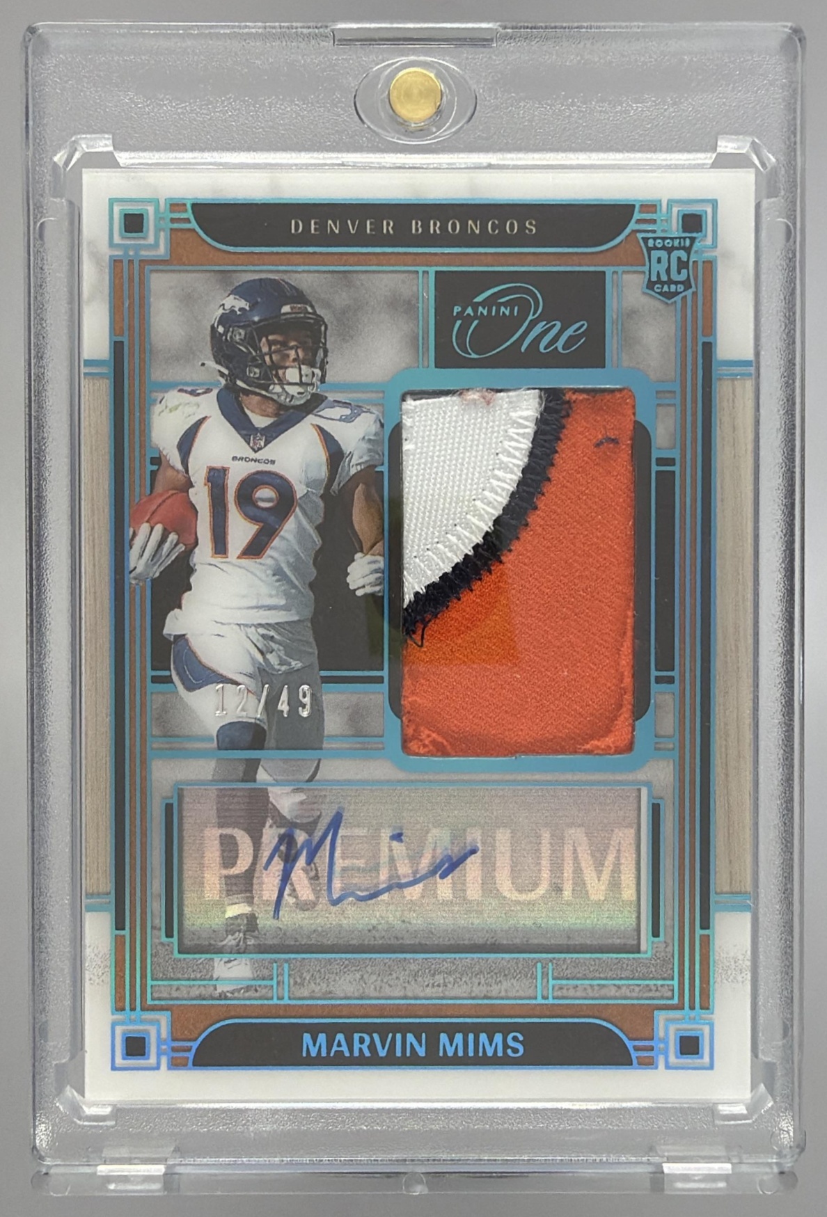 Card image for 2023 Panini One Marvin Mims Green /49 #316 Precision Rookie Patch Auto MEM Rated Prospect RC Broncos
