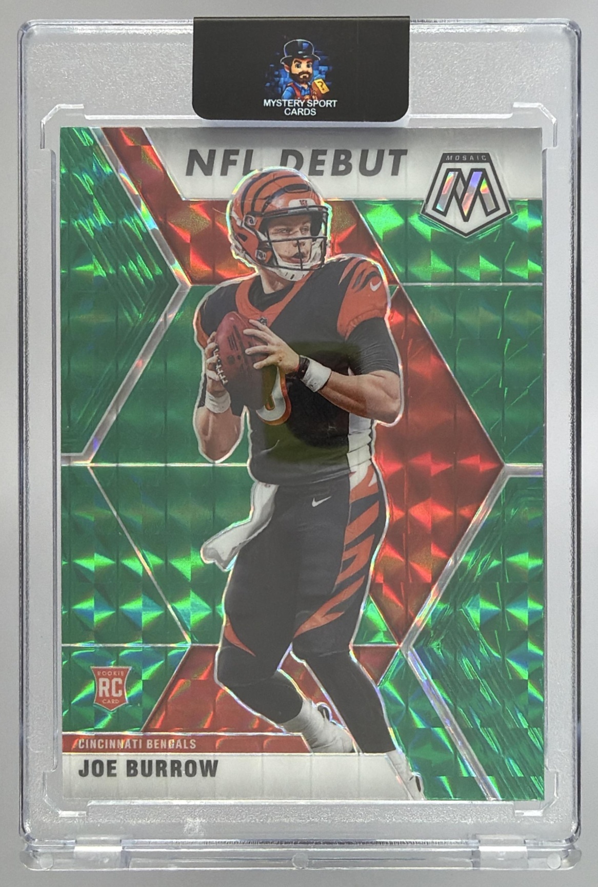 Card image for 2020 Panini Football Mosaic Joe Burrow Prizm Green #261 RC Cincinnati Bengals