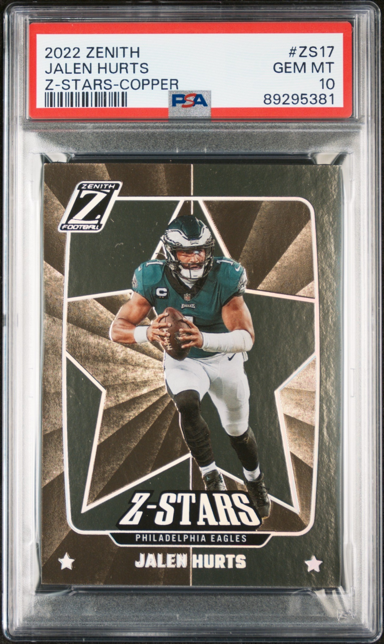 Card image for 2022 Panini Zenith Jalen Hurts Z Stars Copper /50 #ZS-17 Eagles