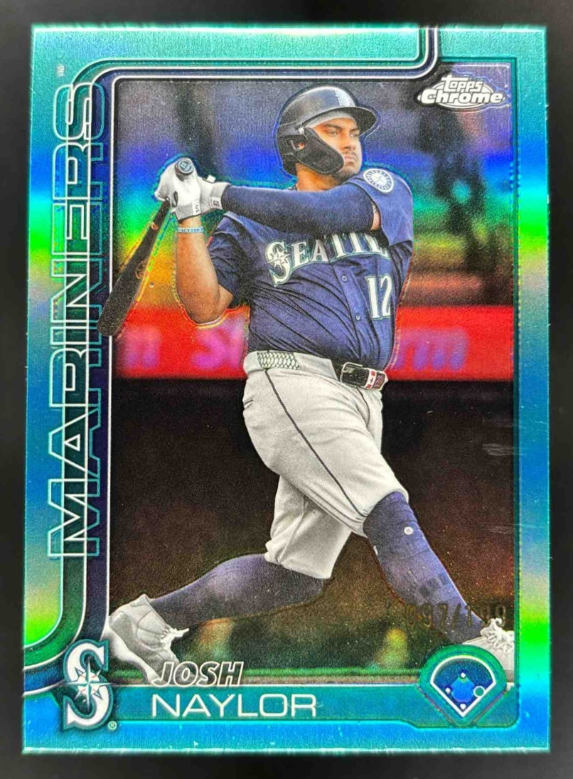 Card image for 2025 Topps Chrome Update Josh Naylor Aqua Refractor /199 #USC62 Mariners