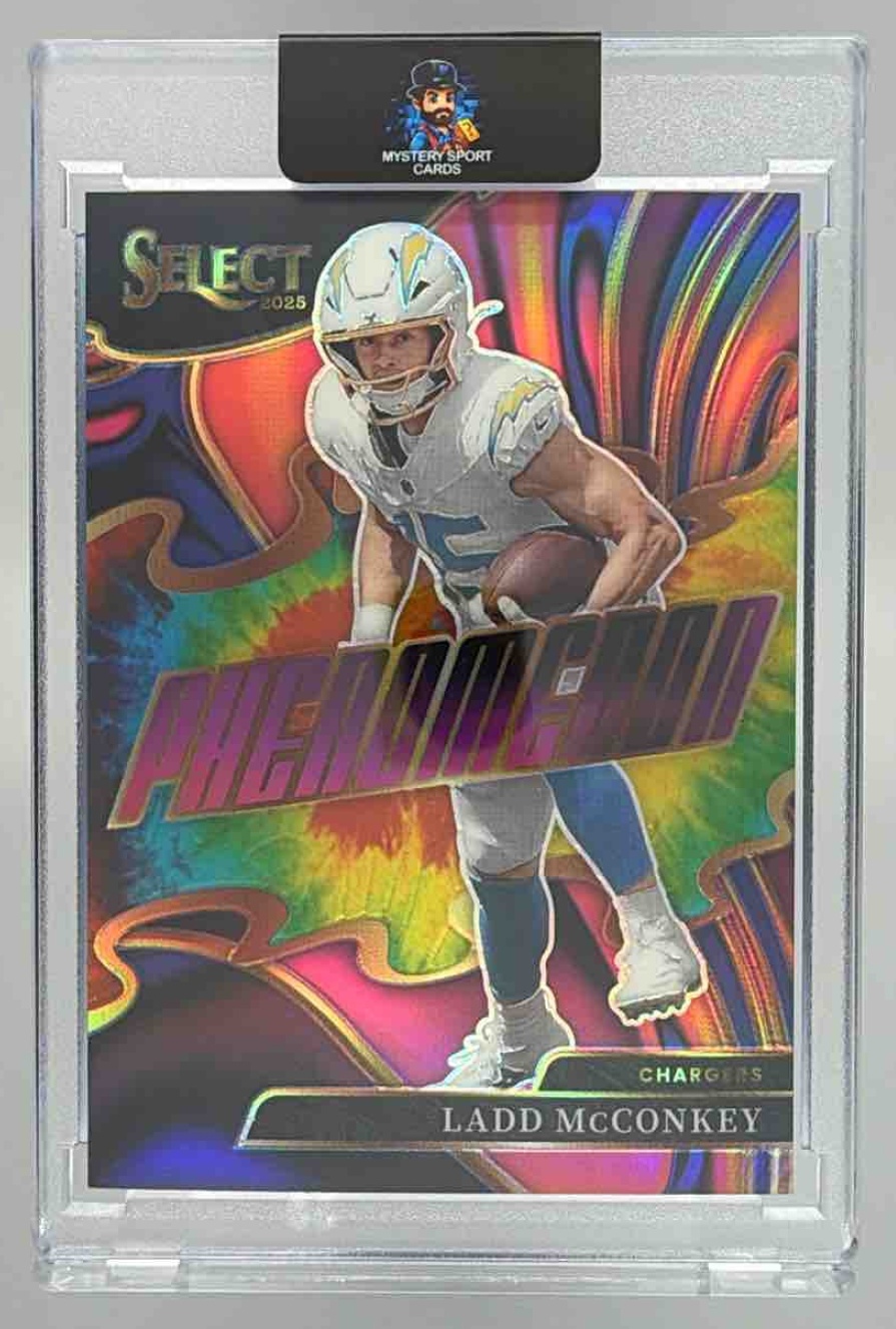 Card image for 2025 Panini Select Ladd McConkey Phenomenon Tie-Dye Prizm /25 #14 Chargers