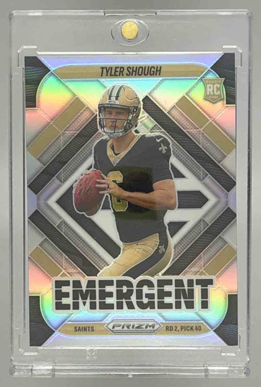 Card image for 2025 Panini Football Prizm Tyler Shough Emergent Silver #8 New Orleans Saints