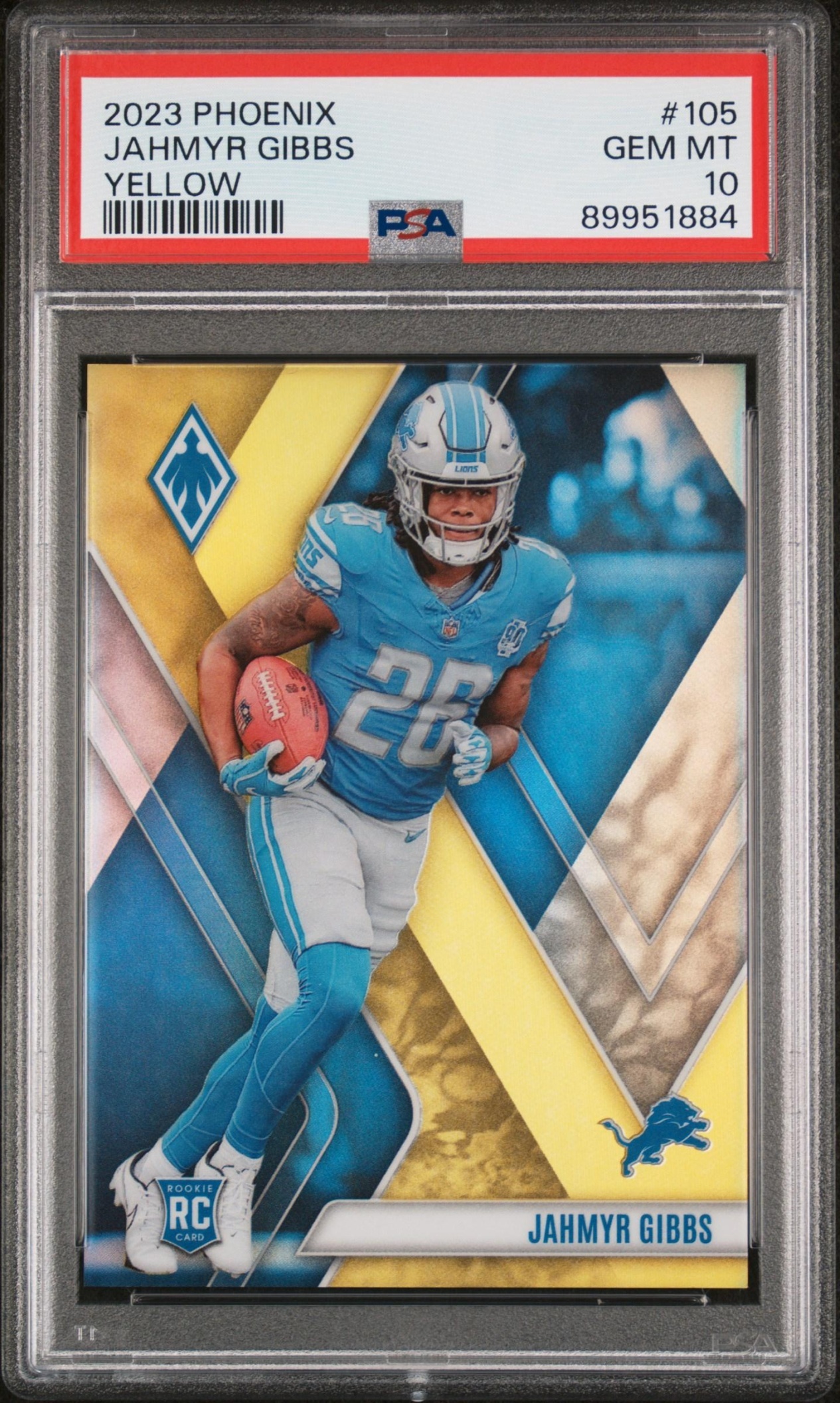 Card image for 2023 Panini Football Phoenix Jahmyr Gibbs Yellow /75 #105 RC Detroit Lions