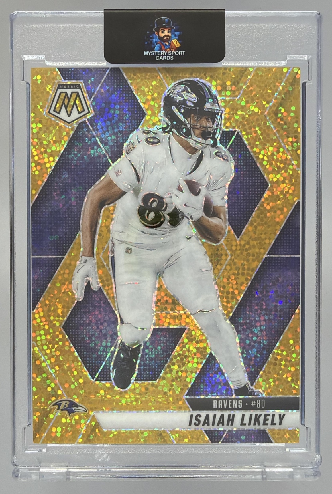 Card image for 2025 Panini Mosaic Isaiah Likely Gold Sparkle Prizm /24 #177 Ravens