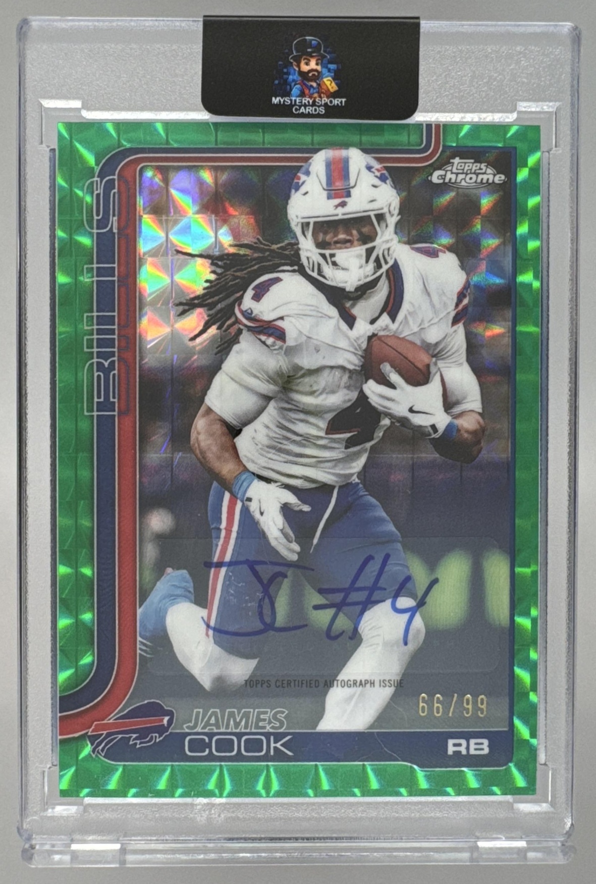 Card image for 2025 Topps Chrome James Cook Auto Green Geometric Refractor /99 #BA-JAC Bills