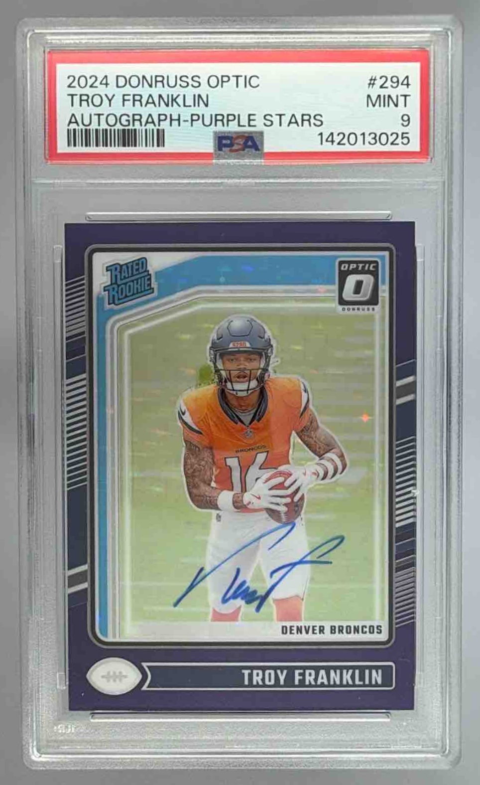 Card image for 2024 Panini Donruss Optic Troy Franklin Rated Rookie RPS Auto Purple Stars /42 #294 Broncos