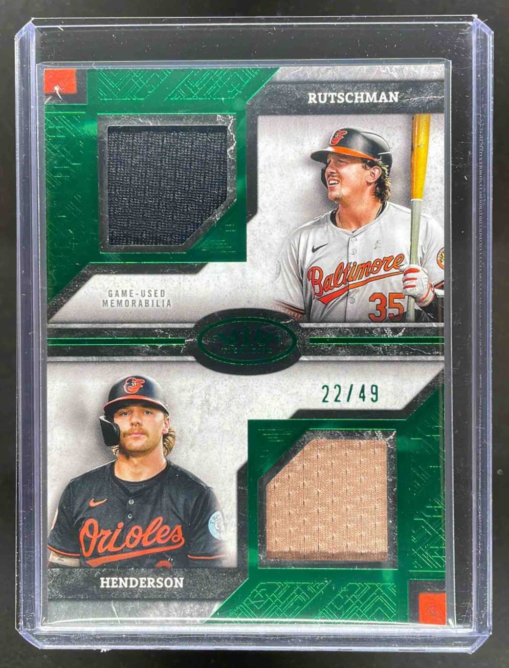 Card image for 2025 Topps Tier One Gunnar Henderson Adley Rutschman Dual Player Relics Green /40 #DPR-RH