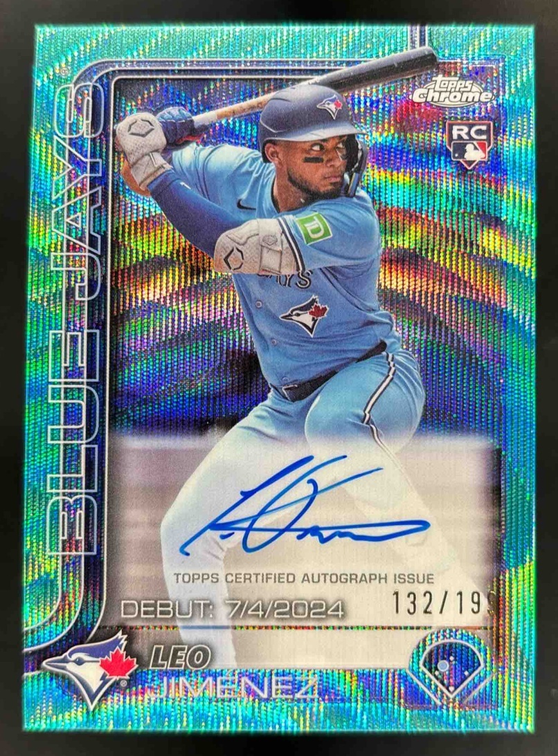 Card image for 2025 Topps Chrome Update Leo Jimenez Rookie Debut Auto Aqua Wave Refractor /199