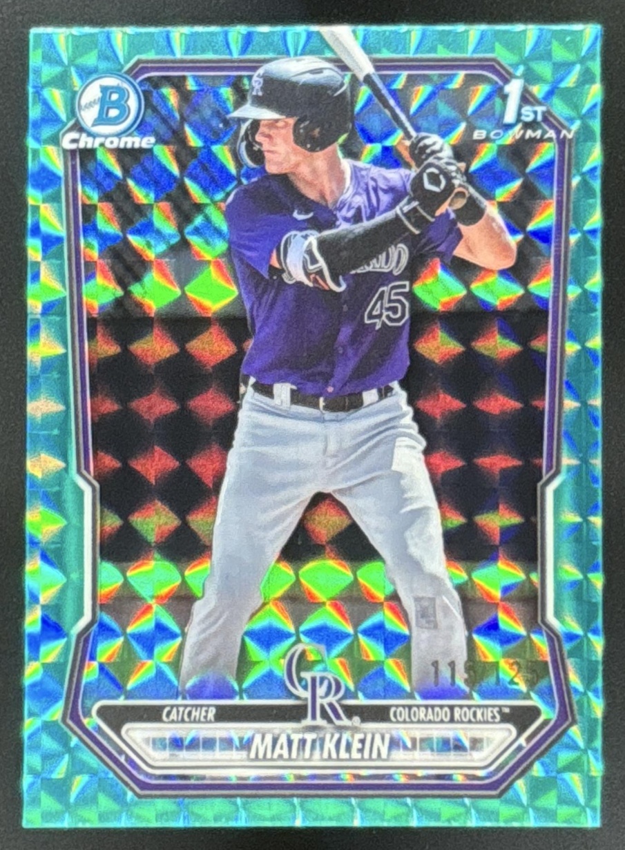 Card image for 2026 Bowman Matt Klein Chrome Aqua Geometric Refractor /125 1st Prospect