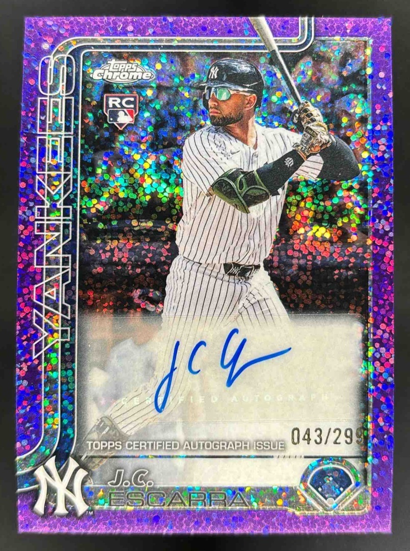 Card image for 2025 Topps Chrome Update J.C. Escarra Auto Purple Speckle Refractor /299 RC