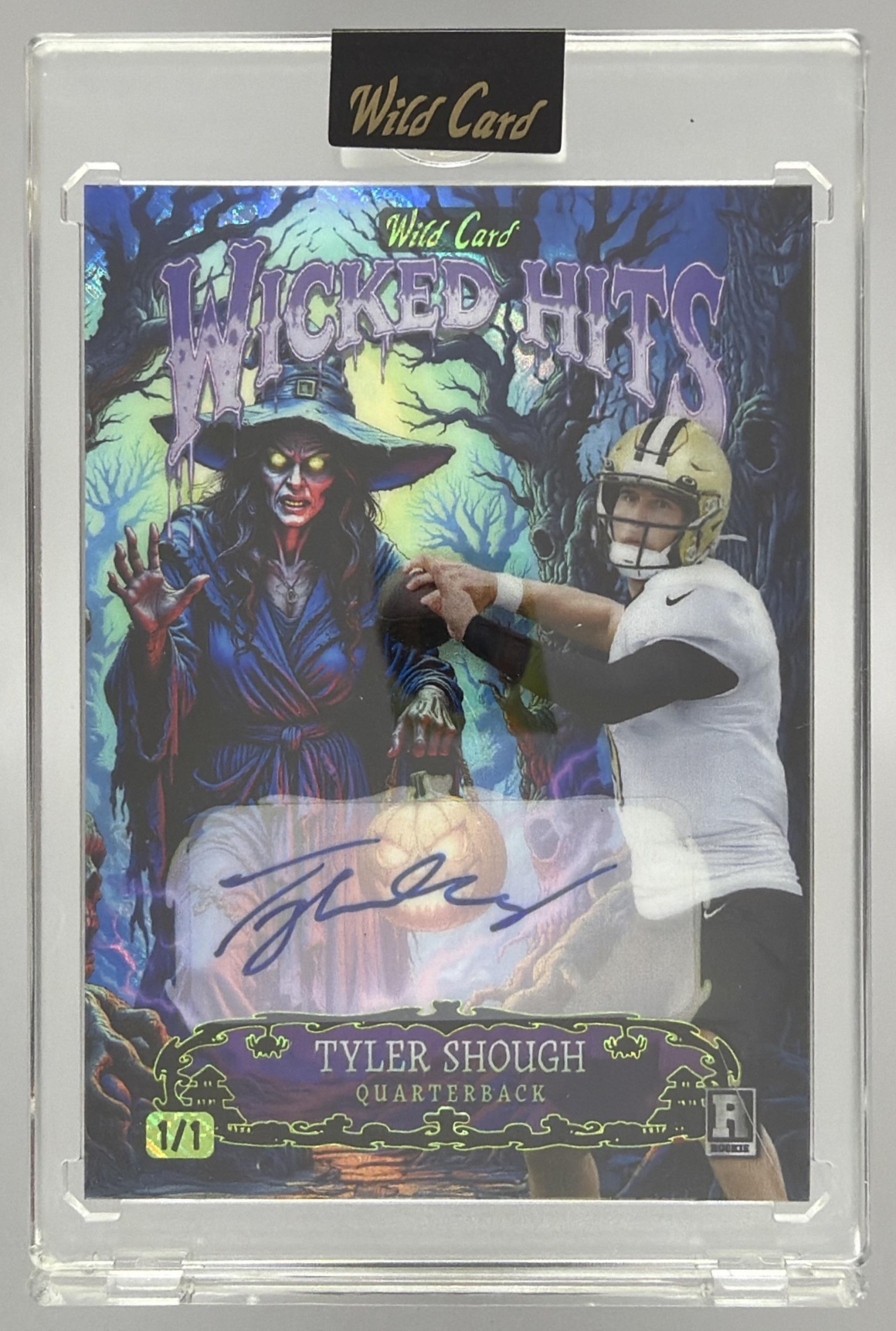 Card image for 2025 Wild Card Metallix ProLook Hobby Tyler Shough Fractal Stealth Purple Auto 1/1 #WMFA-TS Saints