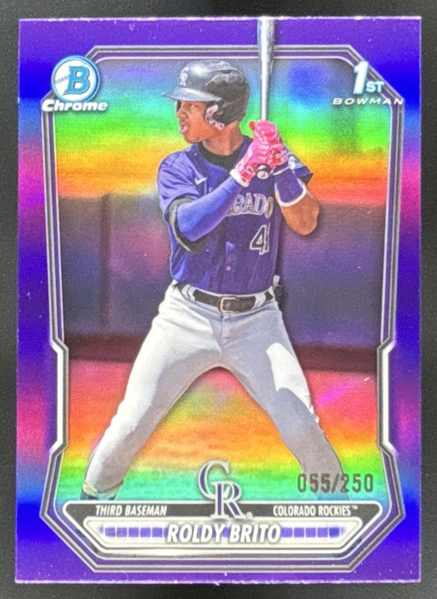 Card image for Roldy Brito 2026 Bowman Purple Refractor /250 Chrome Prospects Colorado Rockies