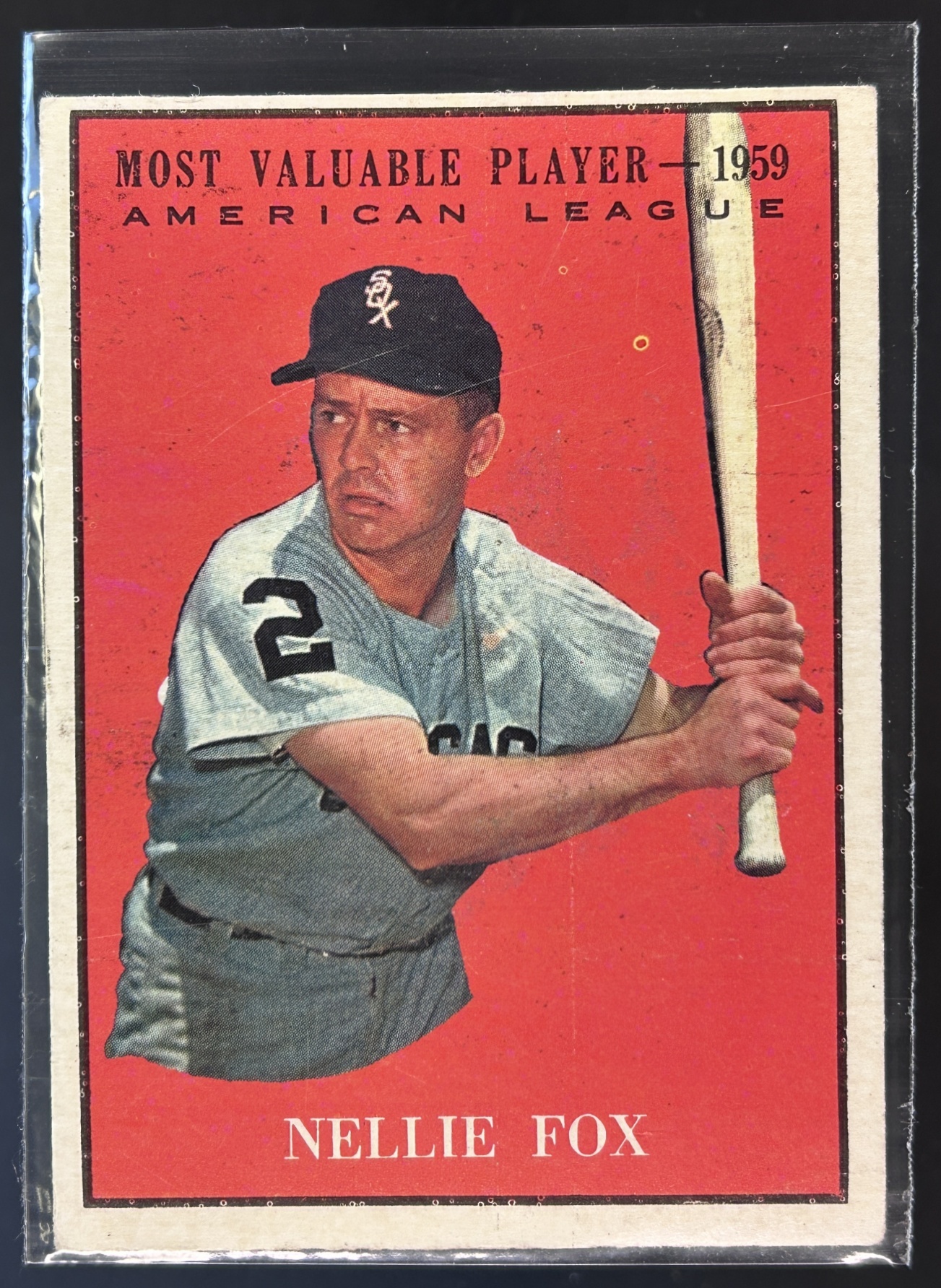 Card image for 1961 TOPPS NELLIE FOX #477 CHICAGO WHITE SOX 1959 MVP MK ON BACK
