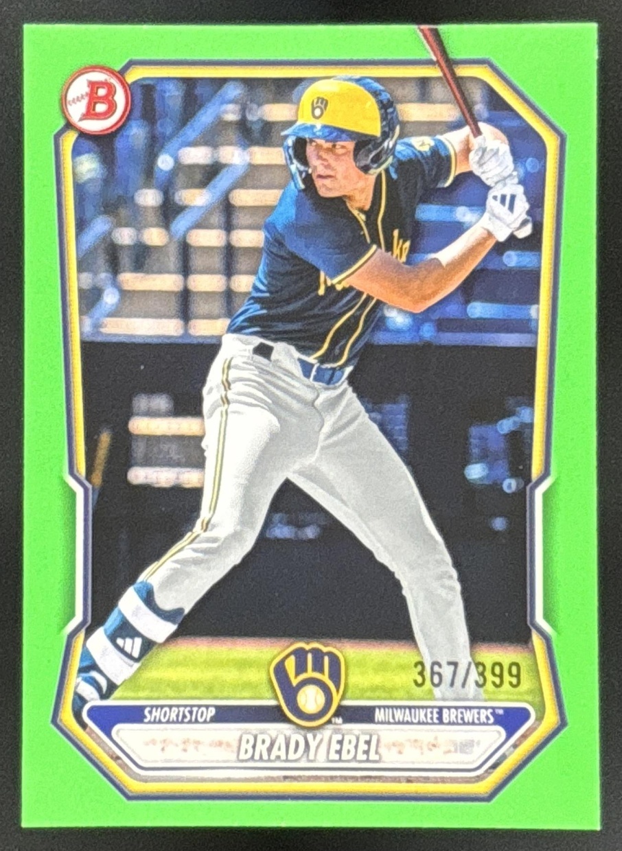 Card image for Brady Ebel 2026 Bowman Neon Green Border /399 Prospects Milwaukee Brewers