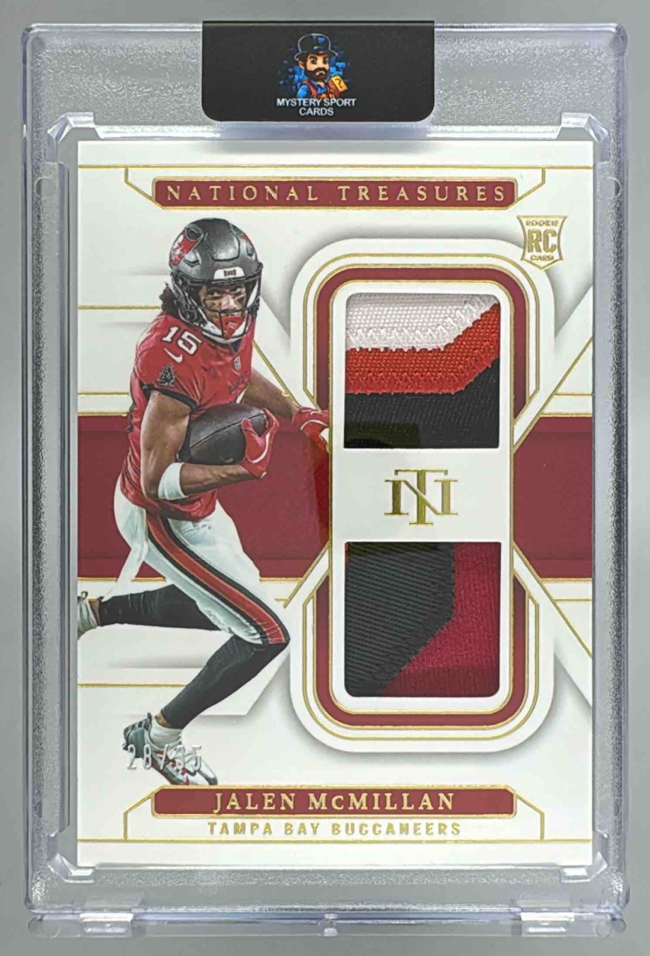 Card image for 2024 Panini National Treasures Jalen McMillan Rookie Dual Materials Purple /49 #RDM-JMN Buccaneers