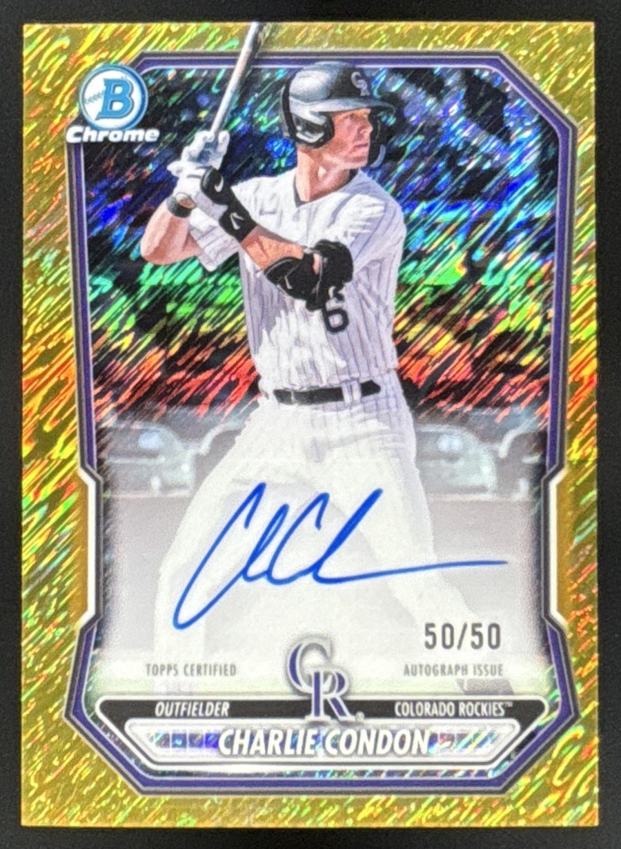 Card image for 2026 Bowman Charlie Condon Chrome Prospect Auto Gold Shimmer Refractor /50