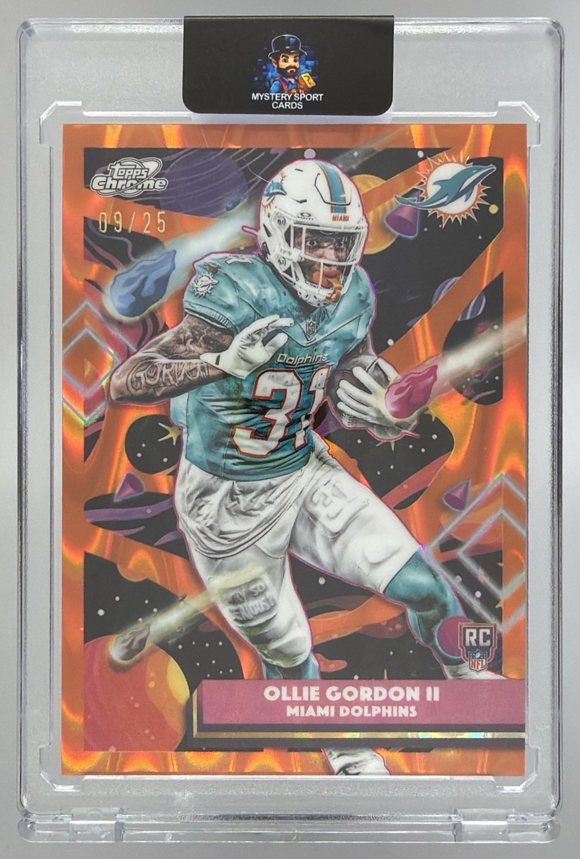 Card image for 2025 Topps Cosmic Chrome Ollie Gordon II Gold Interstellar Refractor /50 #162 RC Dolphins