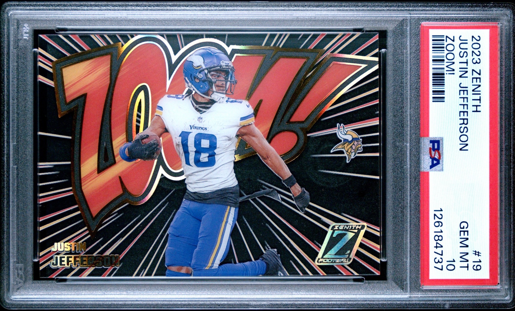 Card image for 2023 Panini Football Zenith Justin Jefferson Zoom! #19 Minnesota Vikings