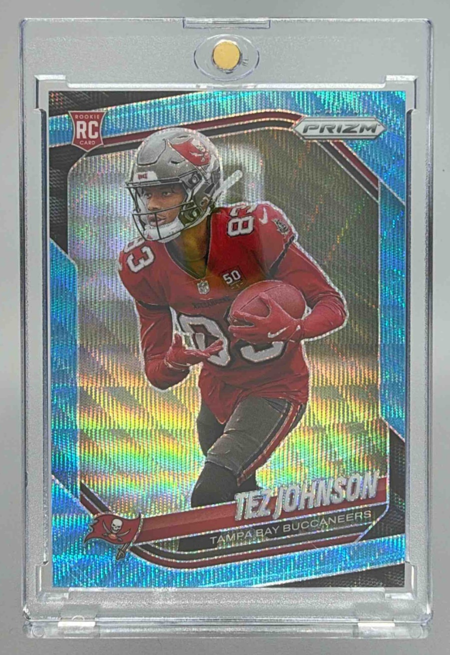 Card image for 2025 Panini Prizm Tez Johnson Blue Wave /230 #381 RC Buccaneers