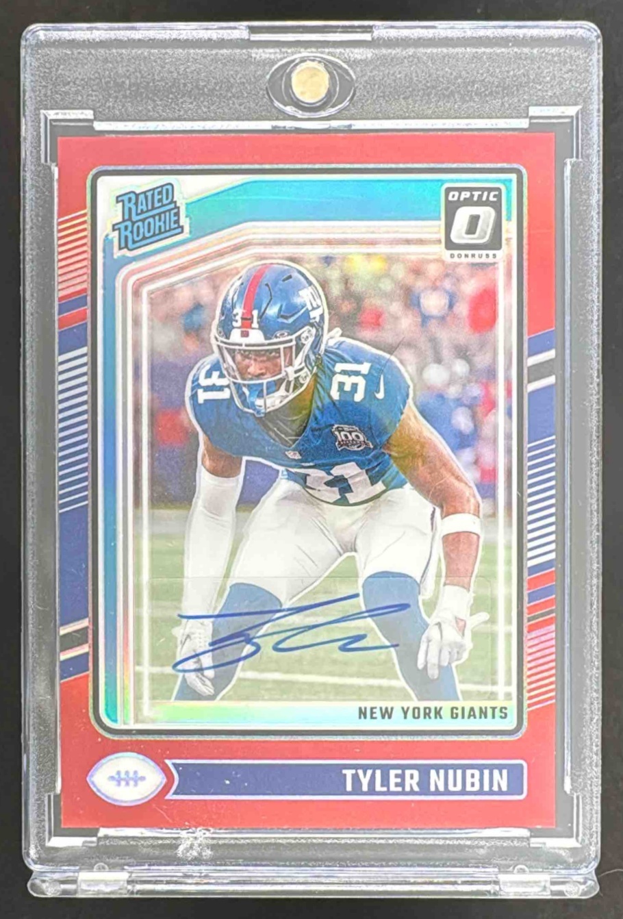 Card image for 2024 Panini Donruss Optic Tyler Nubin Rated Rookie Auto Red /75 #296 Giants