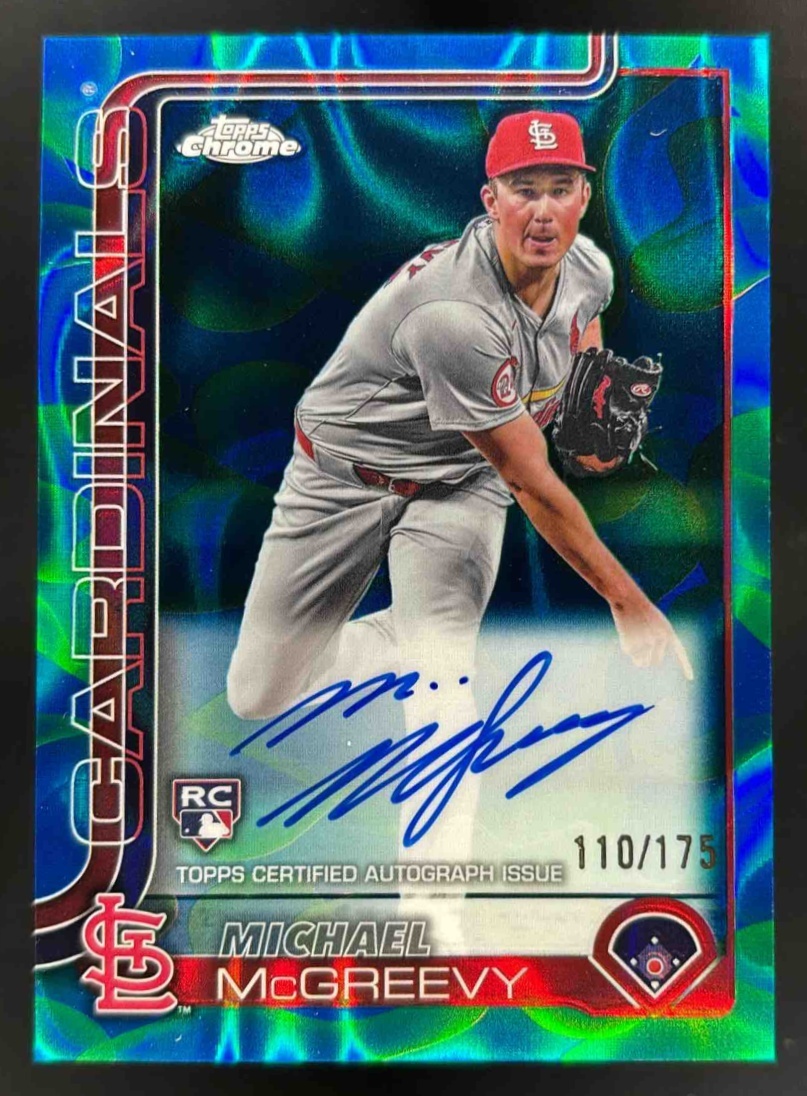 Card image for 2025 Topps Chrome Update Michael McGreevy Lava Lamp Auto Blue/Green /175 RC