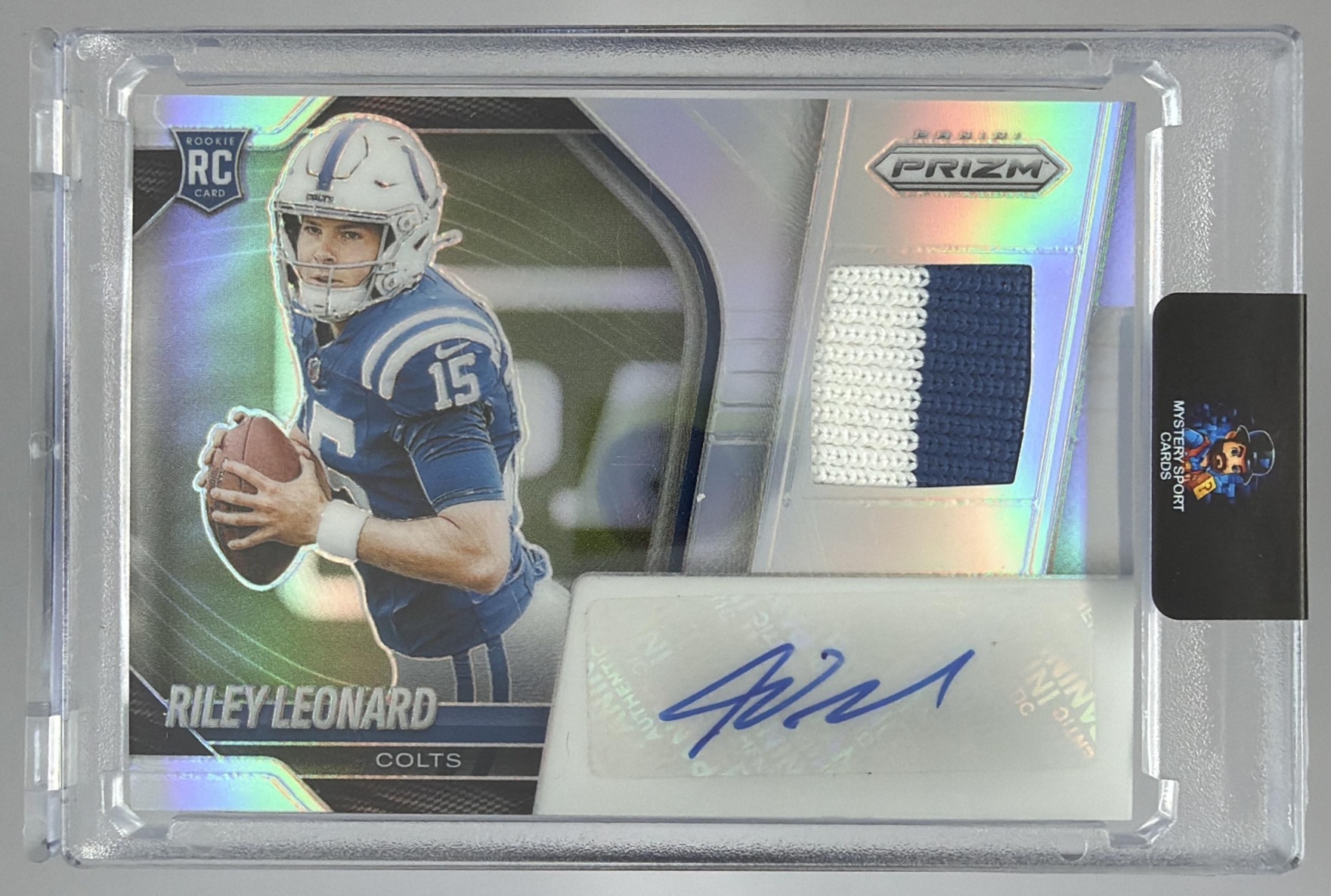 Card image for 2025 Panini Prizm Riley Leonard Rookie Patch Auto Silver /99 #RPH-RLD MEM RC Colts