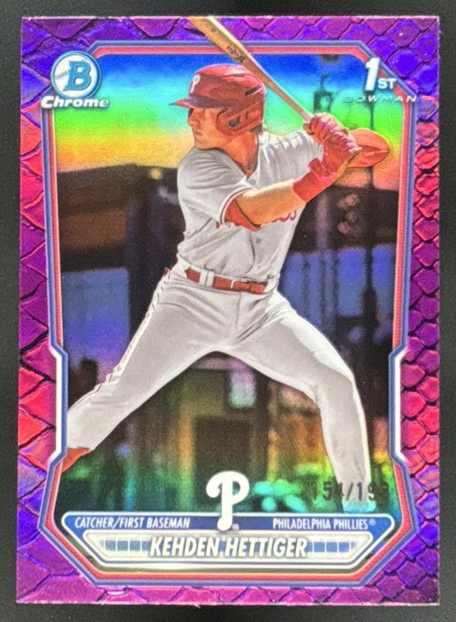 Card image for 2026 Bowman Kehden Hettiger Chrome Reptilian Fuchsia Refractor /199 1st Prospect