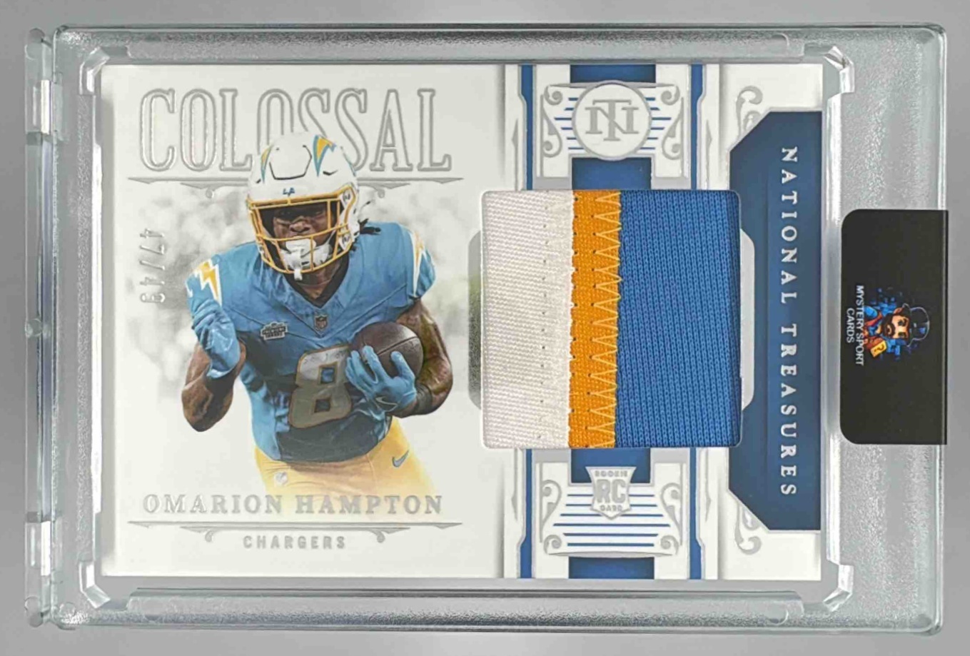 Card image for 2025 Panini National Treasures Omarion Hampton Framed Fabric /49 #FF-OHN RC MEM Chargers