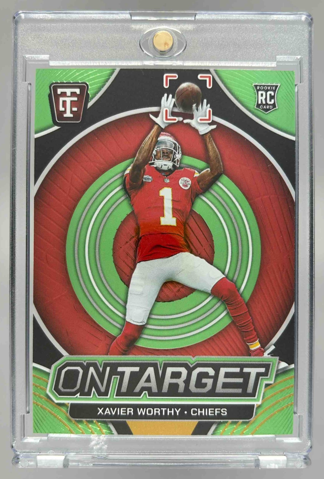 Card image for 2024 Panini Totally Certified Xavier Worthy On Target Mirror Neon Green /299 #6 Chiefs